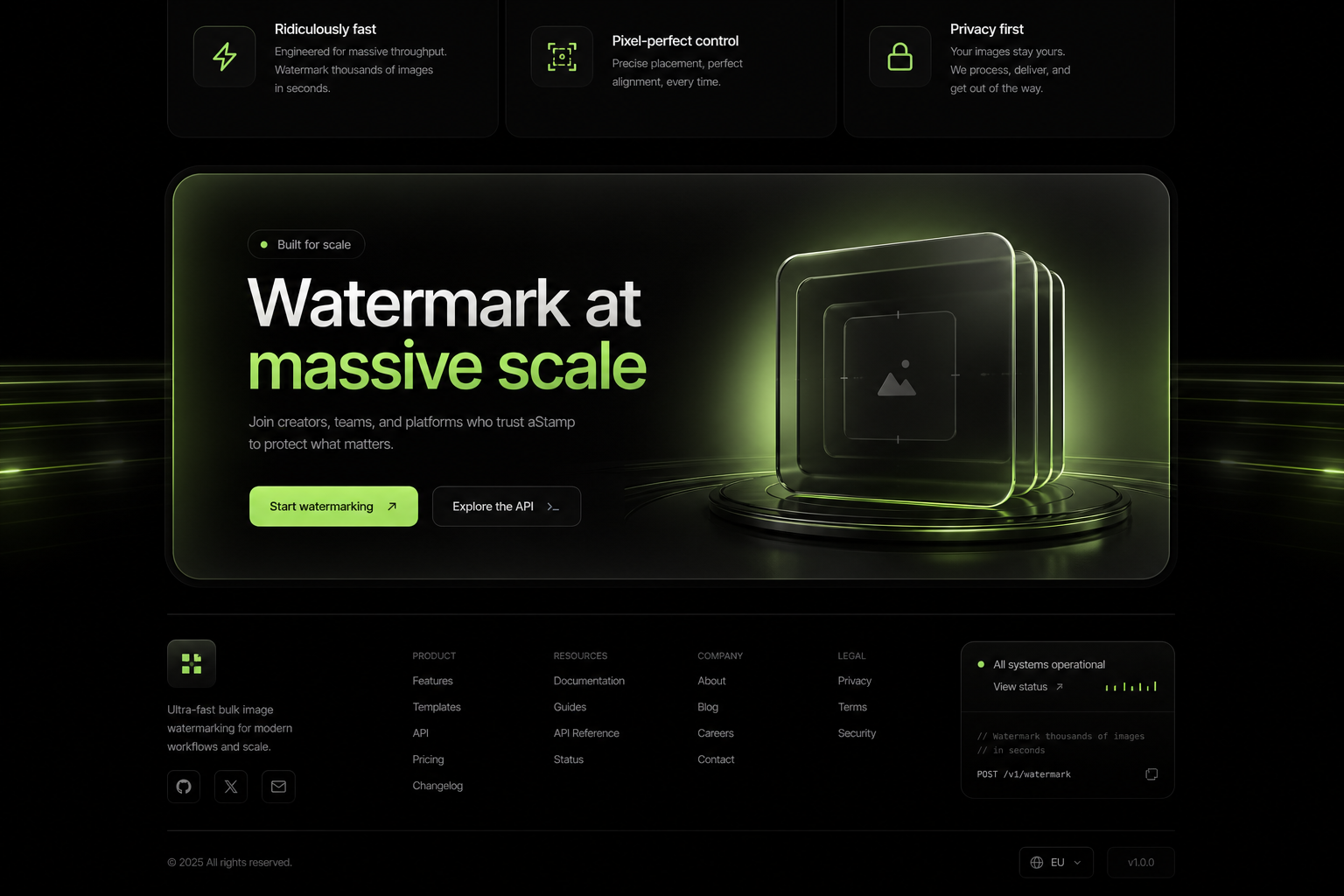 Abstract black-glass precision visual with electric lime glow for aStamp